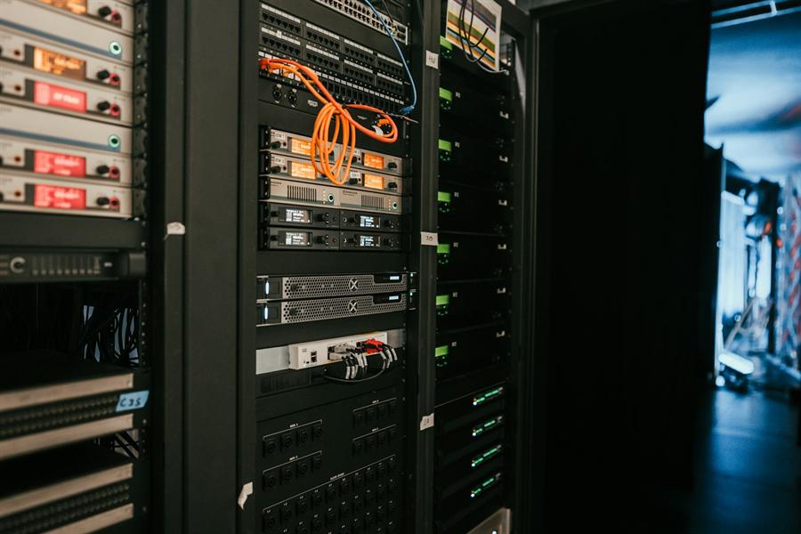 Server room with racks of networking equipment